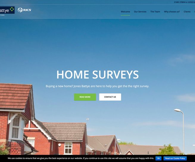 Jones Battye Surveyors website showing title Home Surveys and houses with blue sky