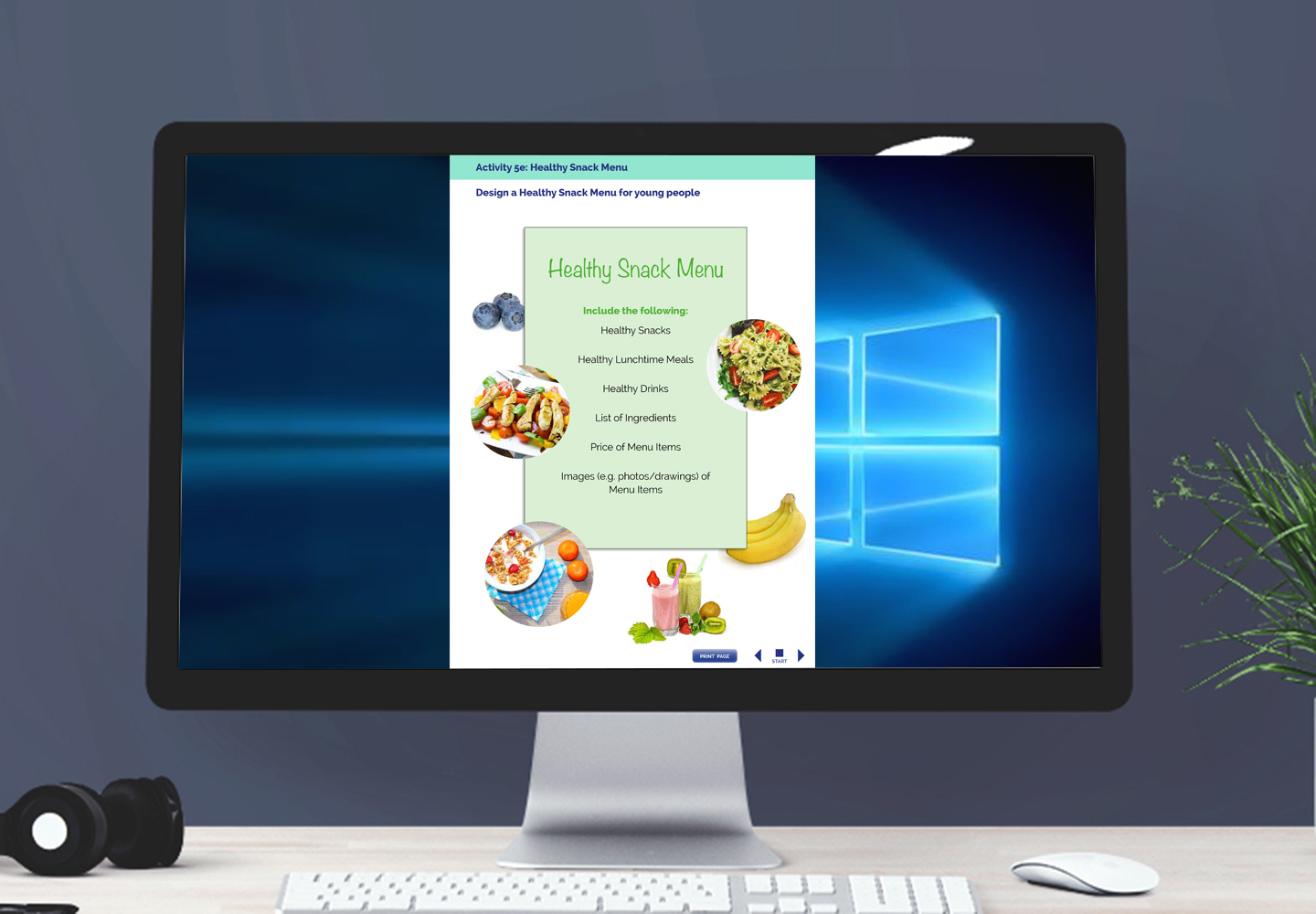 Activities page of Health and Well-being interactive pdf showing a menu with sample health meal ideas