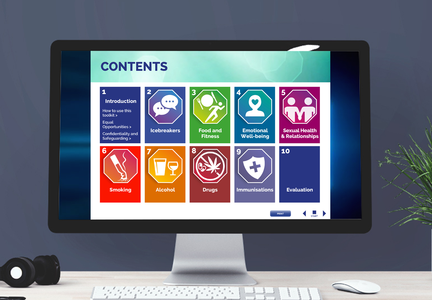 Contents page screen of Health and Well-being guide showing large colourful icons for each section
