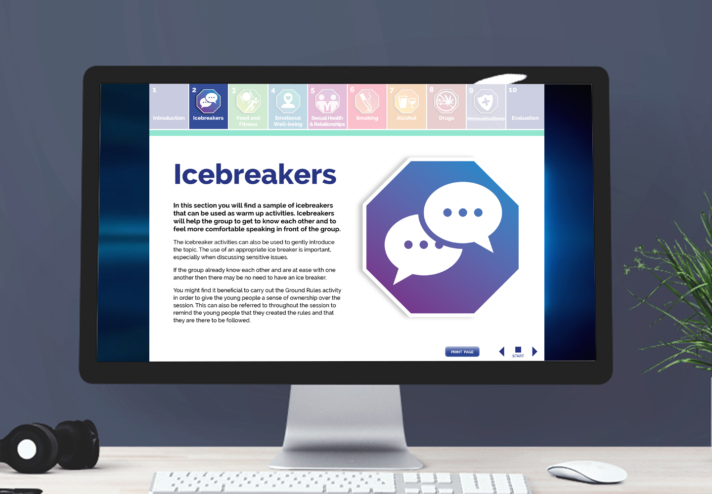 Section divider screen of Health and Well-being guide showing large Icebreaker icon of speech bubbles