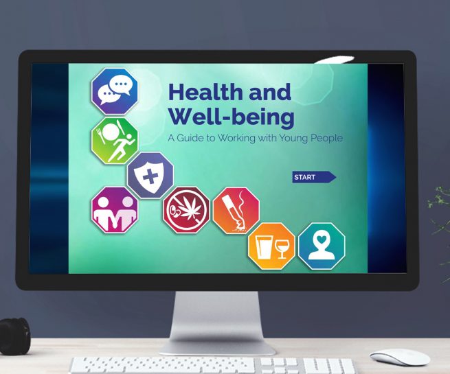 Home screen of Health and Well-being guide showing icons and navigation on a computer screen