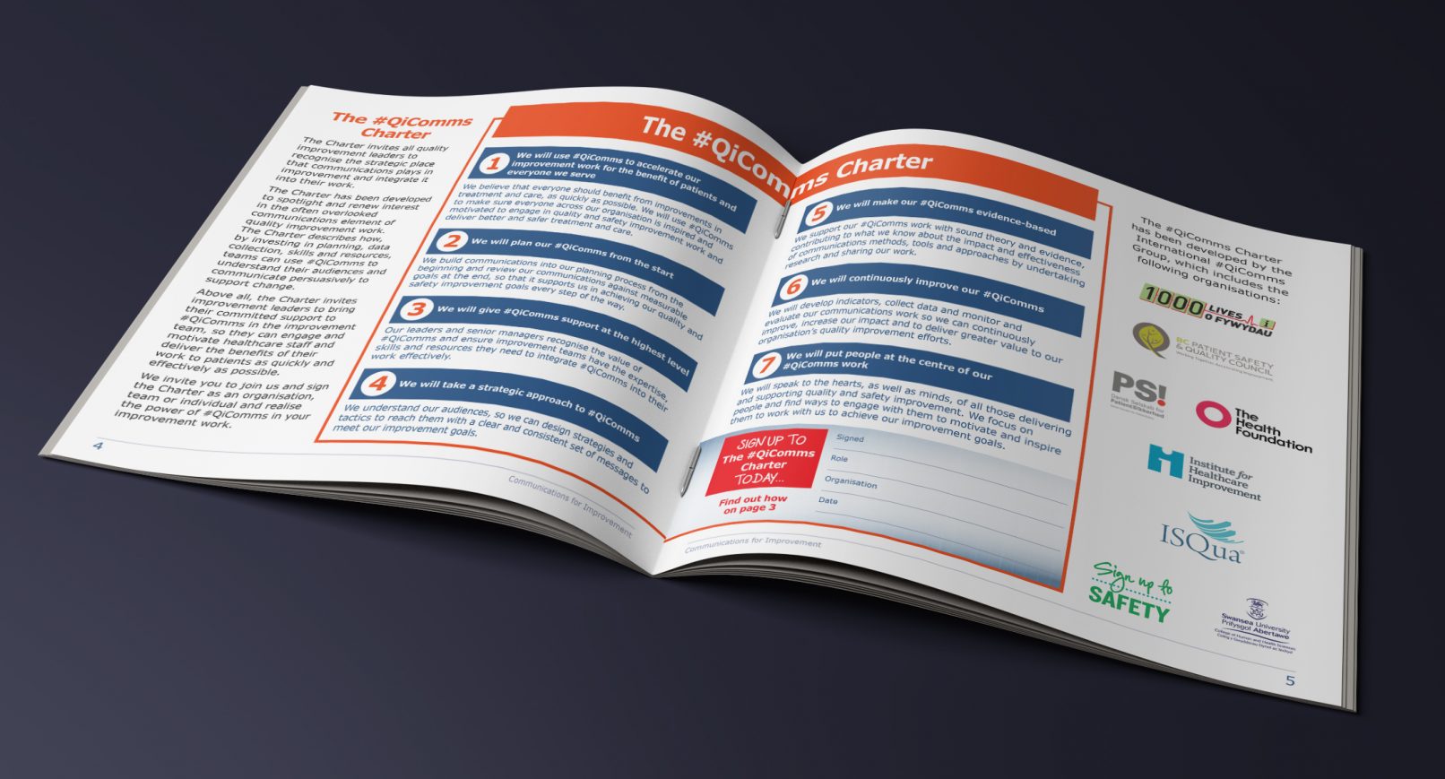Double page spread of brochure showing #QI Comms charter open on table