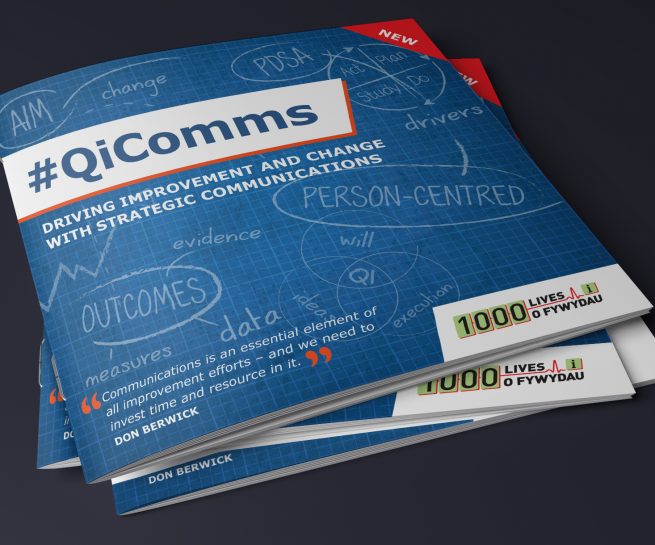 Front cover of #QI Comms brochure showing sketched flow chart notes on a blue background