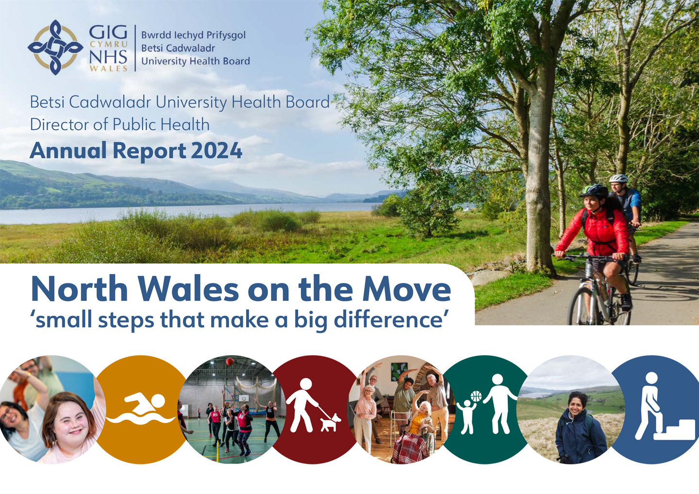 Front cover of Annual Report showing cyclists on the North Wales coastal path and icons and photos to depict different types of exercise
