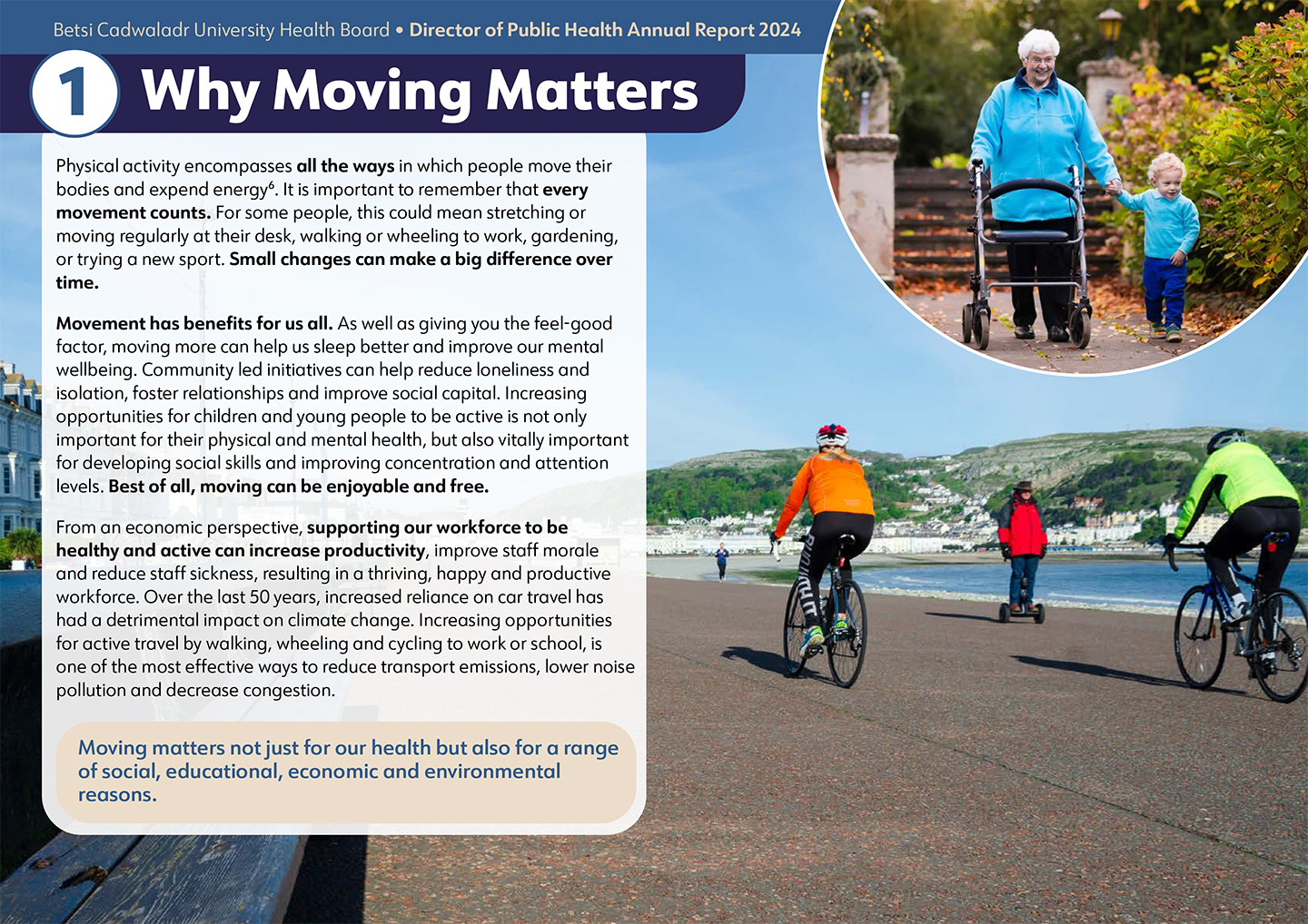 Page from inside report showing people cycling and a senior lady and child walking together