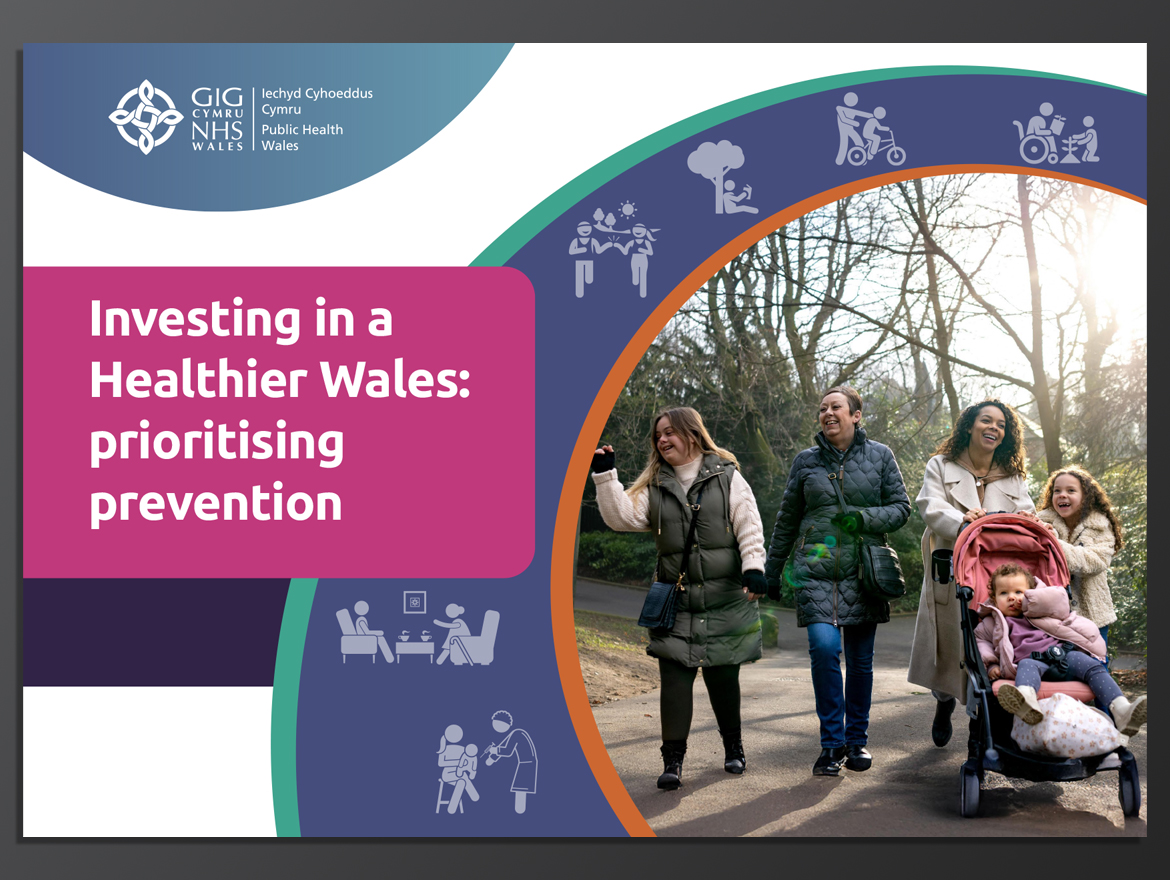 Cover of Investing in Health showing a family of mixed ages walking in a park, there are icons of people doing activities to represent wider determinants of health.